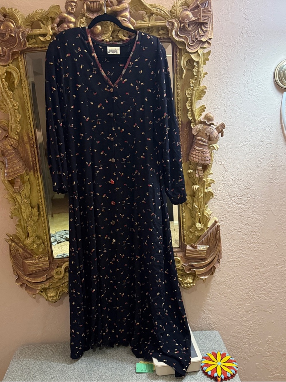 90’s floral maxi with corset back and mismatched buttons